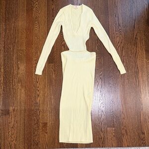 Ribbed Long Sleeve Cutout Maxi Dress in Pale Yellow